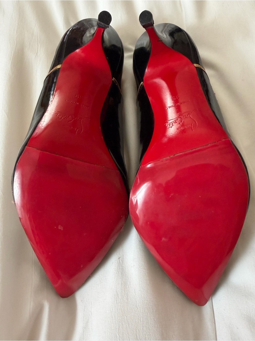 Christian Louboutin Black Patent Leather Pointed Toe Pumps with Gold Trim - Picture 5 of 5